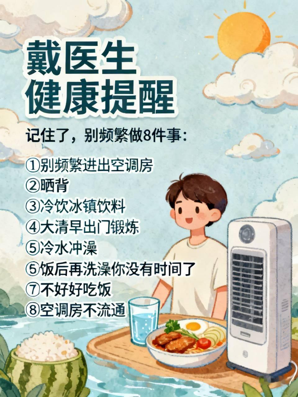 戴医生健康提醒
记住了，别频繁做8件事：
① 别频繁进出空调房
② 晒背
③ 冷