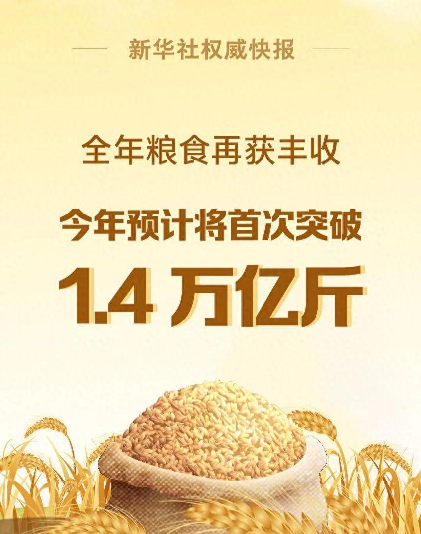 好消息！我国粮食产量今年预计将首次突破1.4万亿斤！
夏粮产量比上年增加；早稻产