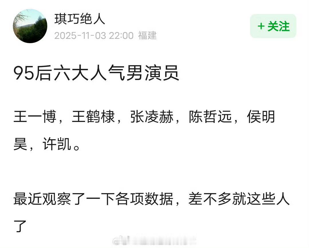 网友评选的95后六大人气男演员王一博、王鹤棣、张凌赫陈哲远、侯明昊、许凯 ​​​