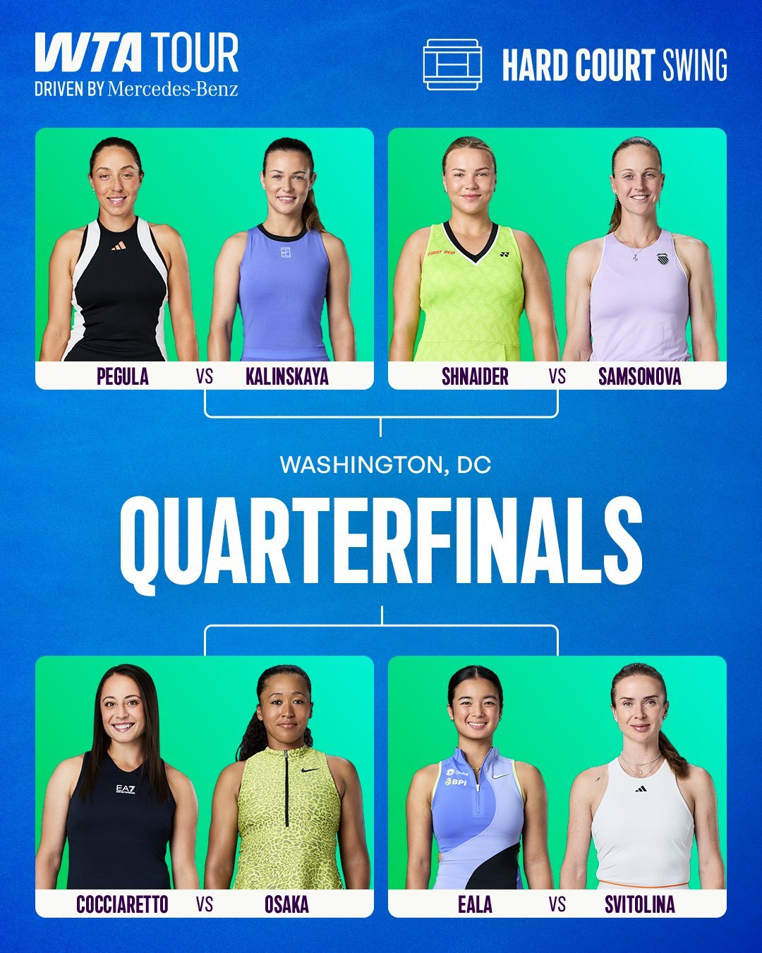 WTA500华盛顿站八强对阵出炉🎾佩古拉 vs 卡林斯卡娅施耐德 vs 萨姆索