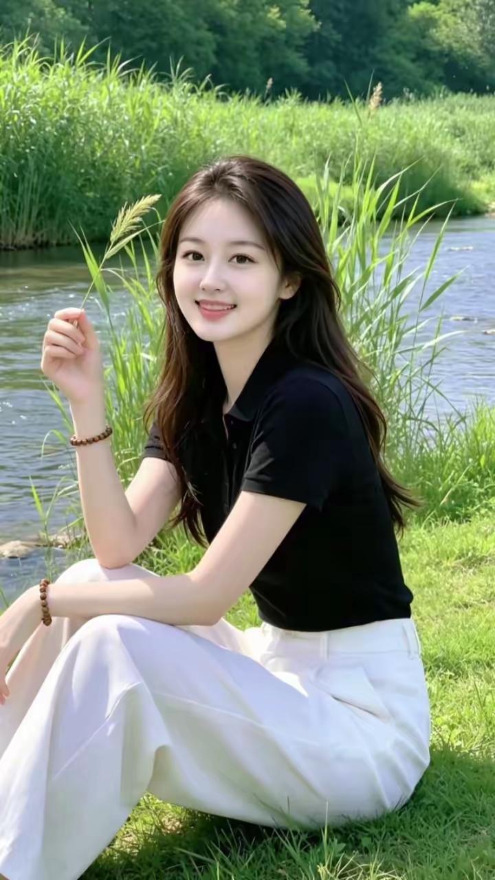 女孩坐在河边，笑得很甜。