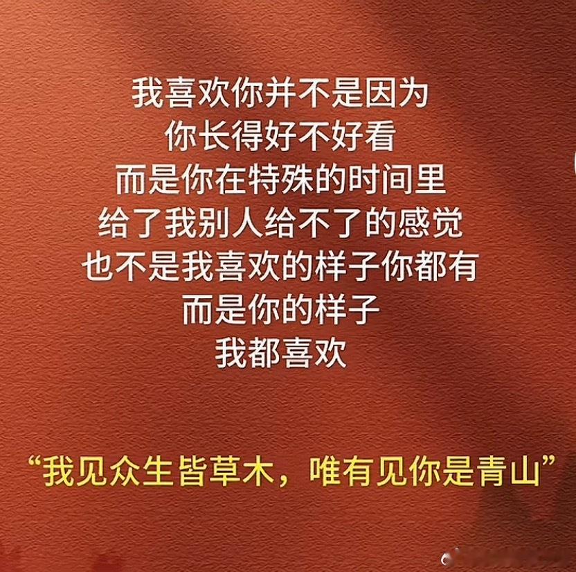 我喜欢你并不是因为你长得好不好看，而是你在特殊的时间里给了我别人给不了的感觉。也
