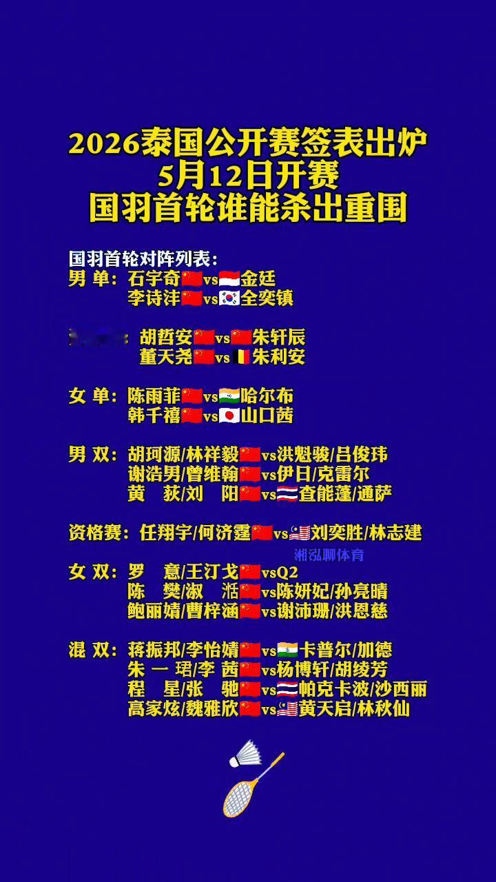 2026泰国公开赛签表出炉，5月12日开赛，国羽首轮谁能杀出重围？
·男单：石宇