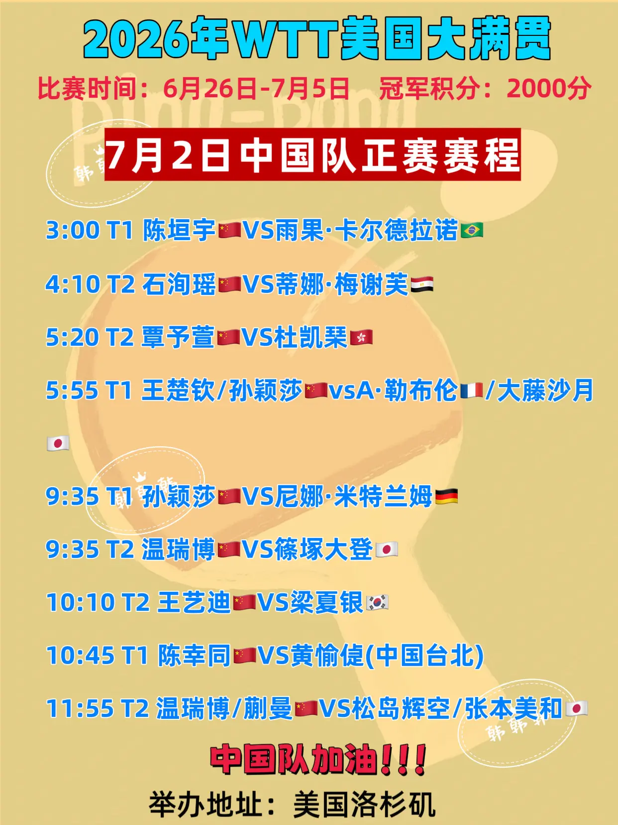 美国大满贯。7月2日部分中国队赛程 中国队加油