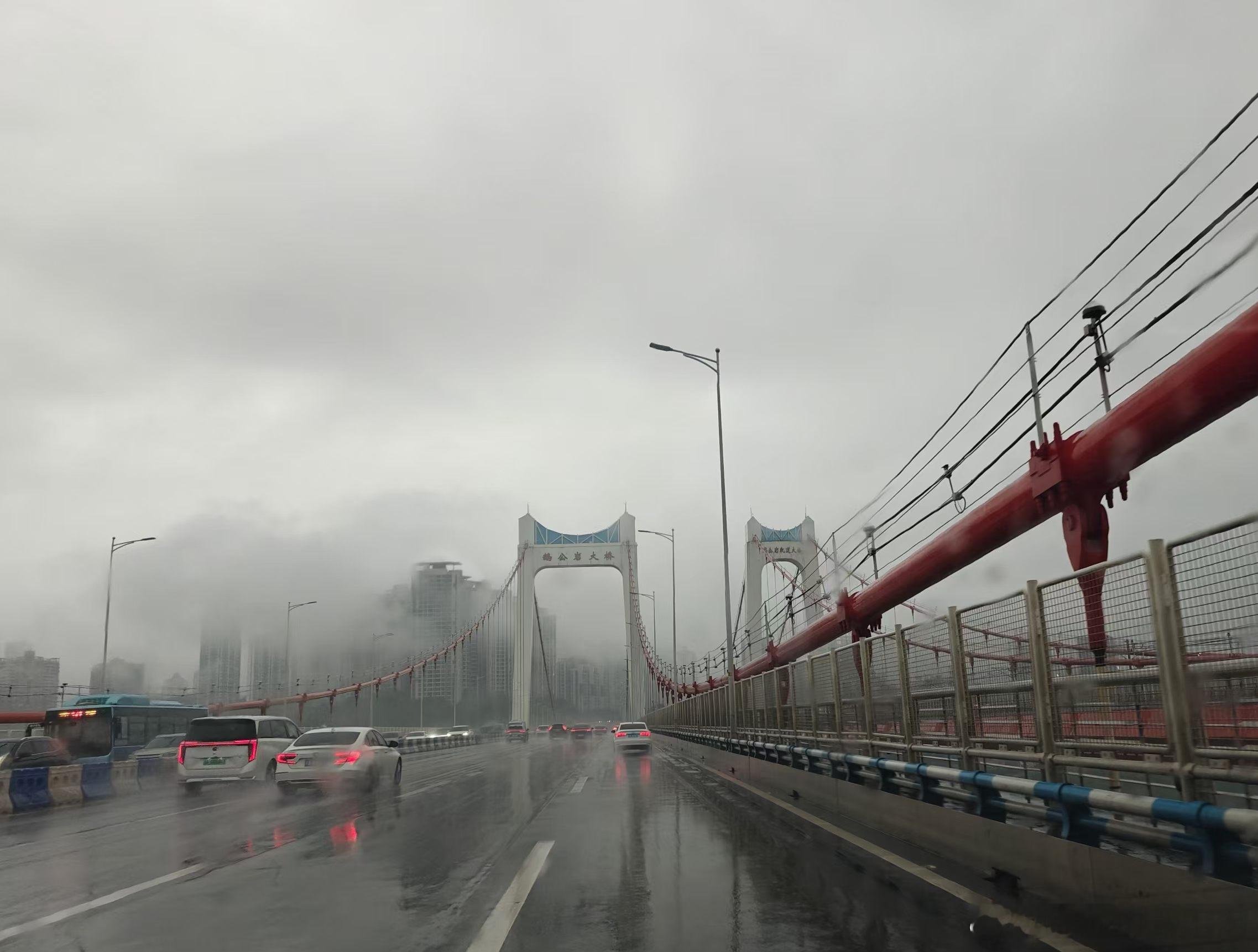 雨夜的鹅公岩大桥裹着一层厚厚的雨雾，夜色朦朦胧胧铺在江面，看着周遭的光影晕成一团
