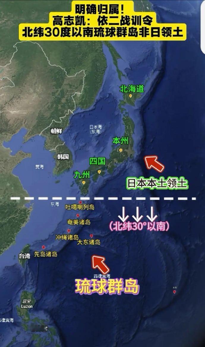 按照波茨坦公告，北纬30°线以北的九州、四国、本州和北海道才是日本领土!
 
至