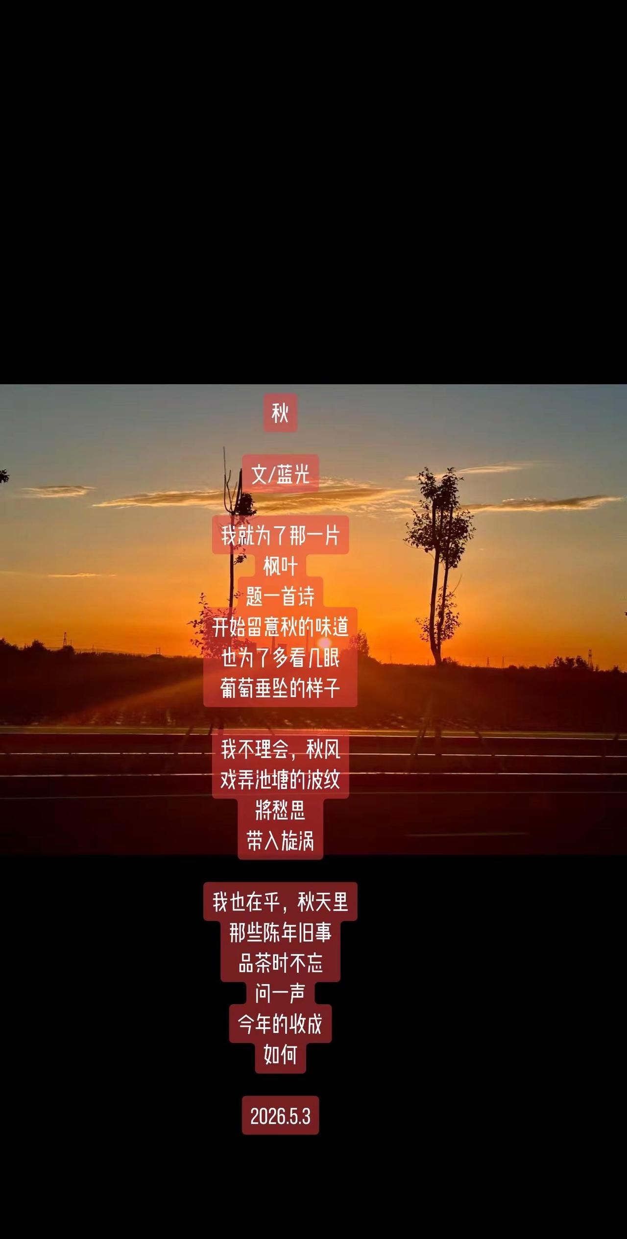 蓝光诗歌丨秋。秋文/蓝光我就为了那一片枫叶题一首诗开始留意秋的味道也为了多看几眼