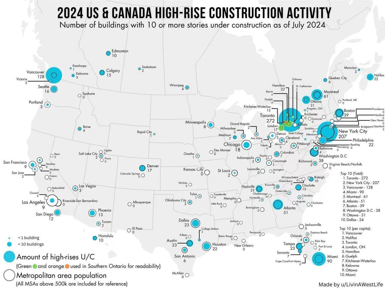 2024年美国和加拿大高层建筑分布区域、城市一览图，主要集中在两国东部大都市区，