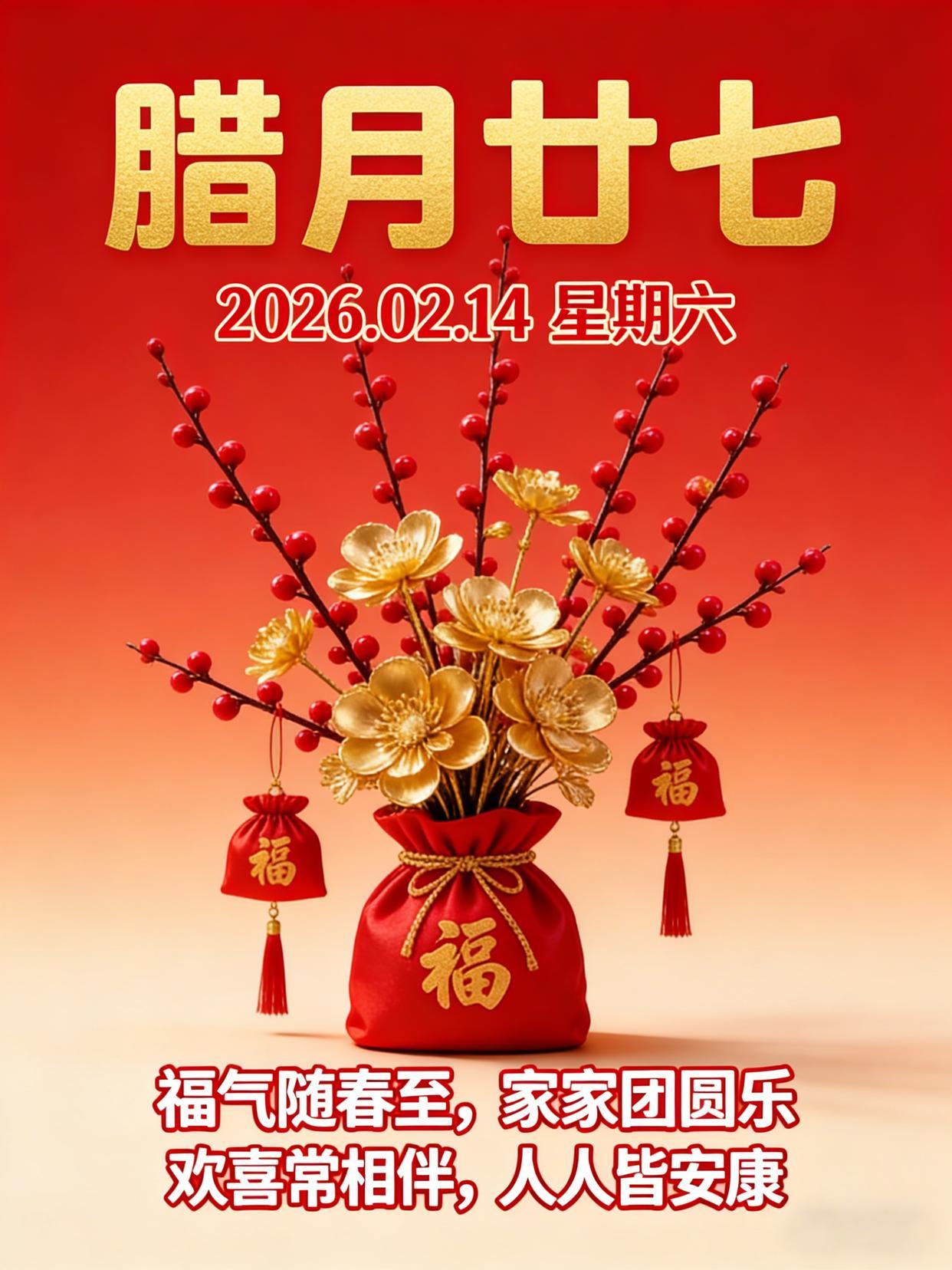 福气随春至，团圆乐安康。心静无忧万事顺，身安体泰福绵长。喜乐相伴前路明，生活芬芳