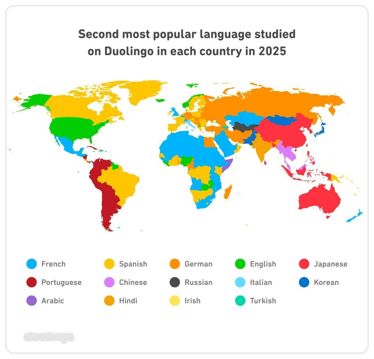 多邻国（Duolingo）上2025年各国第二大流行语种学习潮流。
