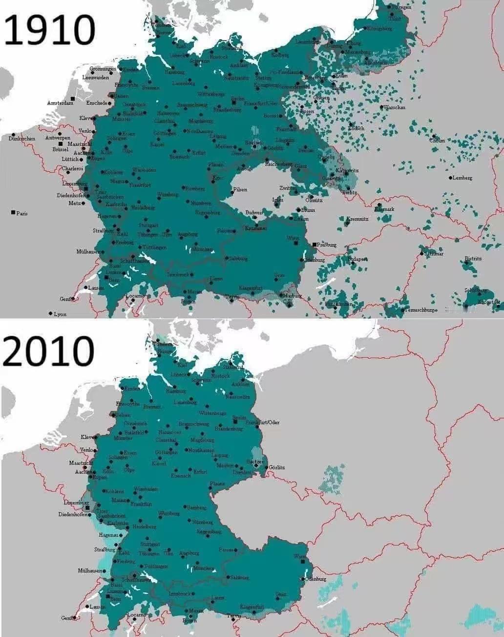 欧洲说德语的分布图：
1910年德国、波兰、奥地利、瑞士、苏台德地区；
2010