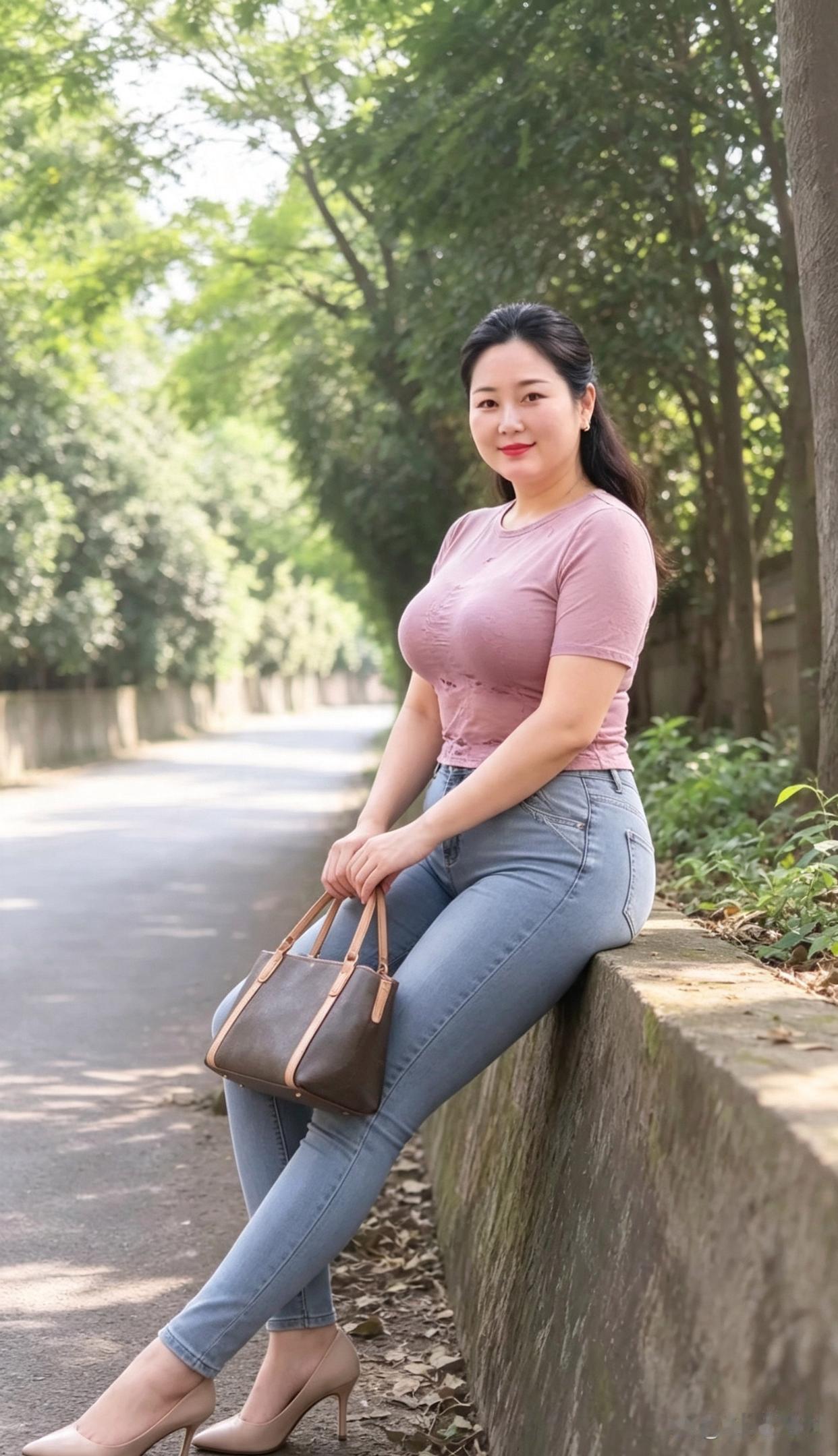 一个女孩坐在路边，微笑着看镜头。