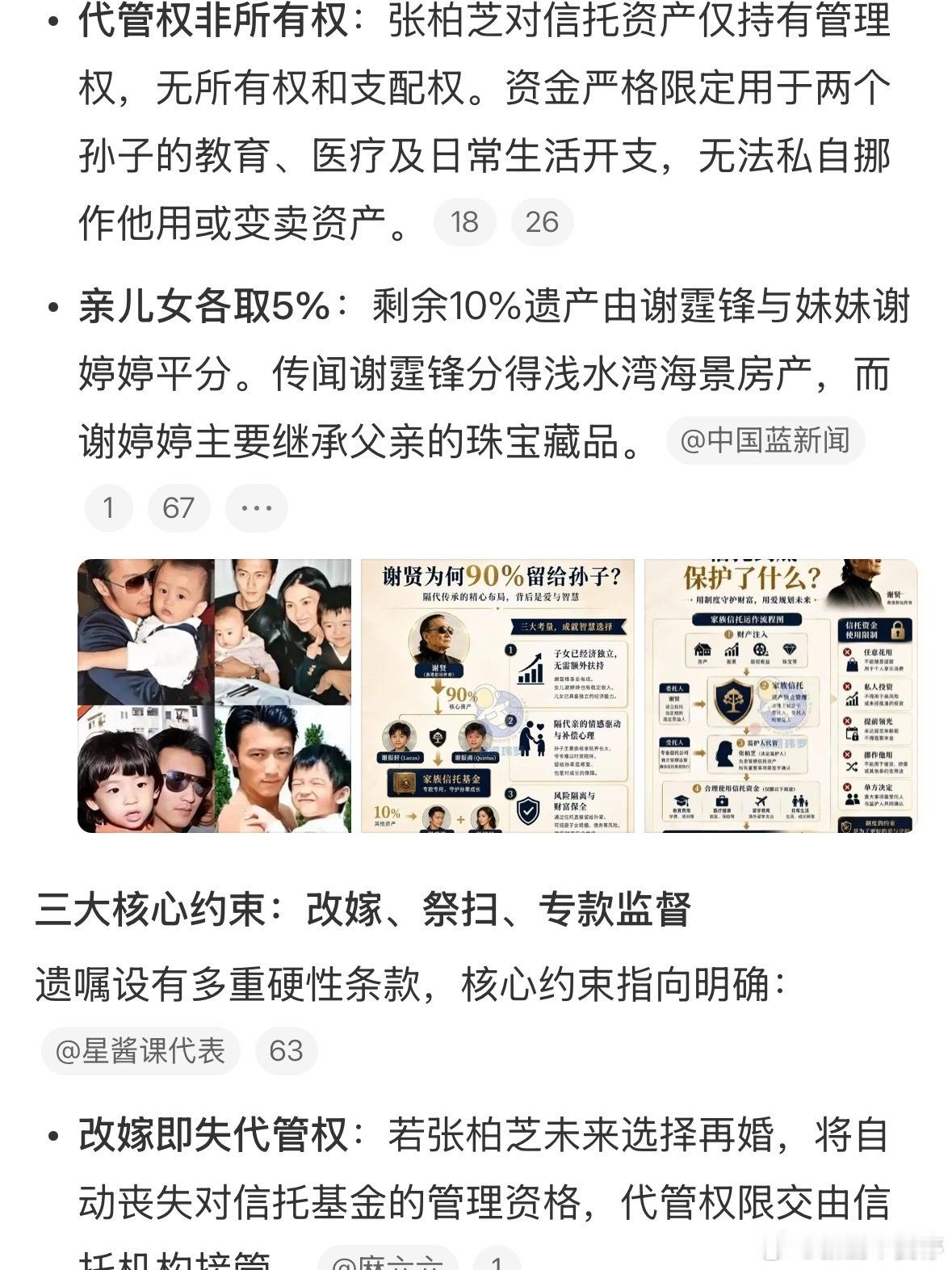 谢贤遗嘱附带多项约束条款谢霆锋和谢婷婷一人只分5%，一个拿浅水湾房产一个拿珠宝，
