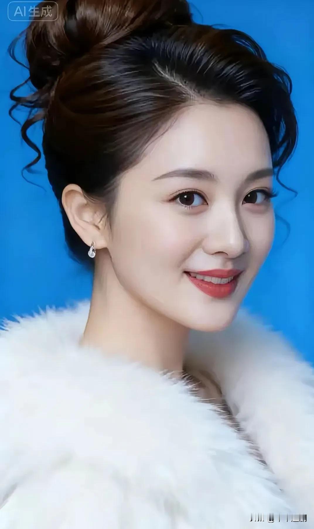 绒裘裹着软乎乎的暖，鬓边卷发沾了亮蓝的光。笑唇轻扬时，连空气都浸了点精致的甜。