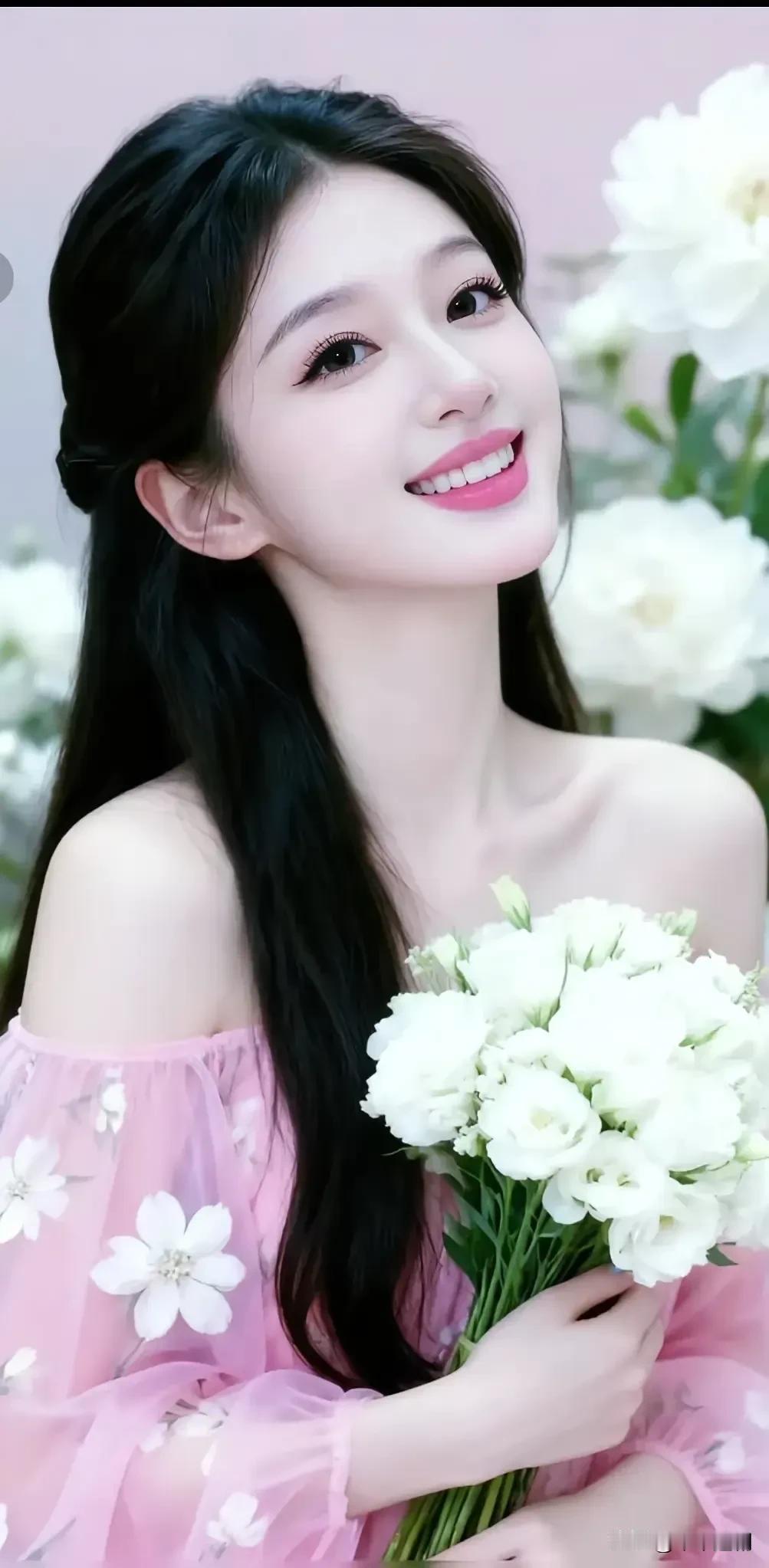 🌸 粉纱裙装缀满白花，怀抱一束清新的白桔梗，在温柔的粉调背景里，笑意甜得像浸了