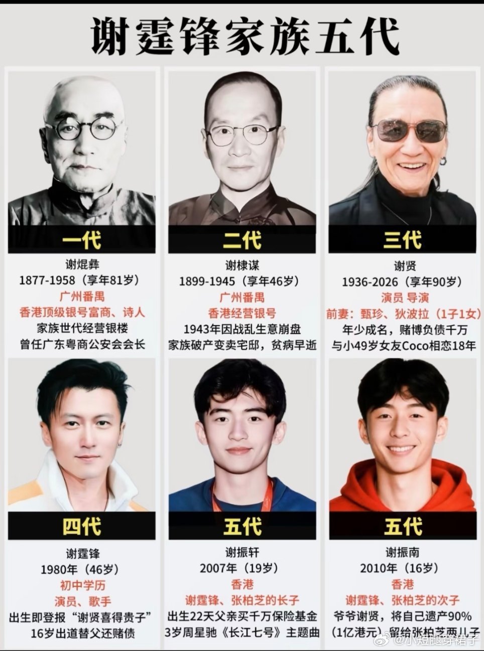 谢霆锋家庭五代遗传的高颜值谢霆锋两个儿子像爸爸多一点，都不像张柏芝。 ​​​