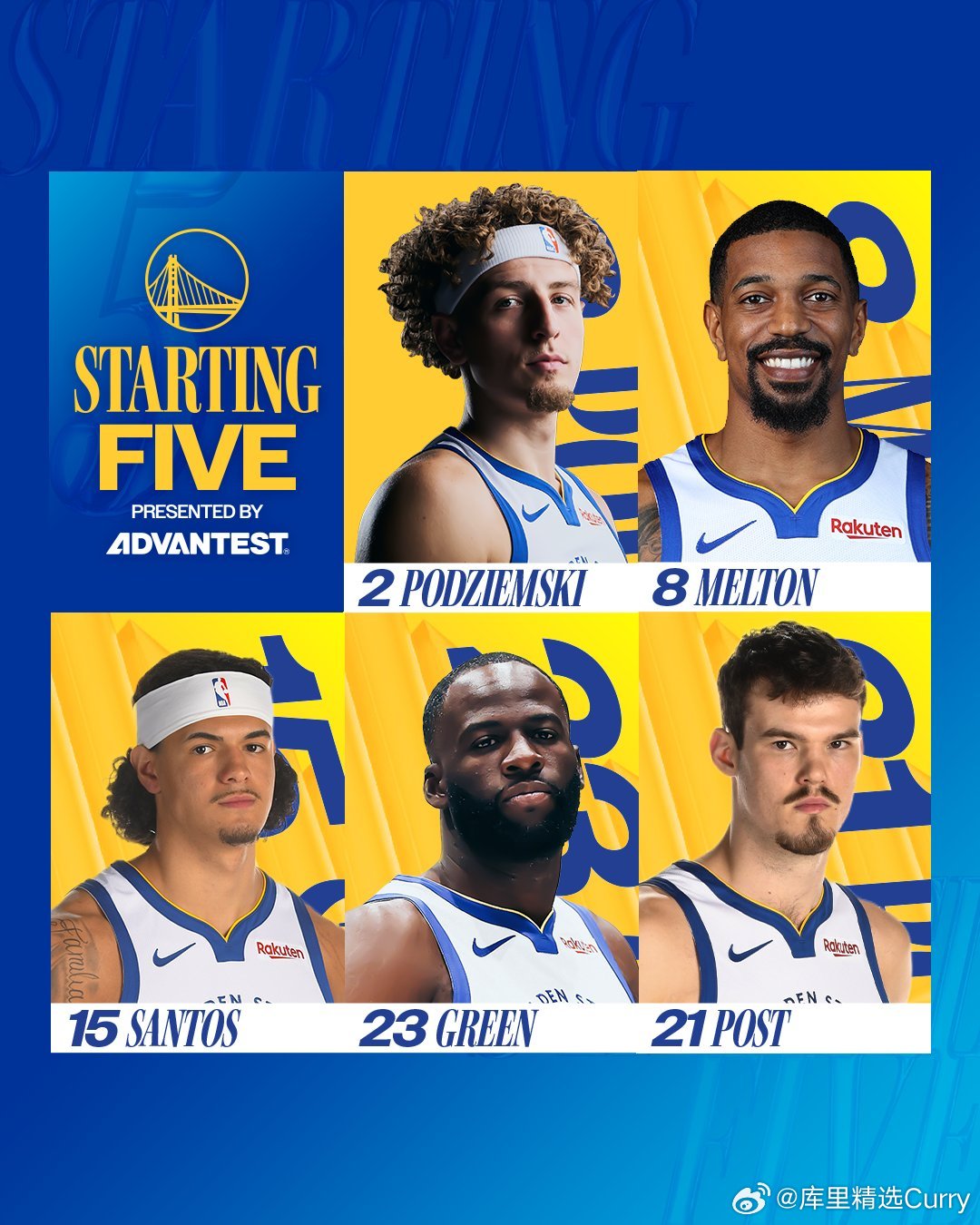 勇士首发：梅尔顿，波姐，桑托斯，追梦，波斯特 