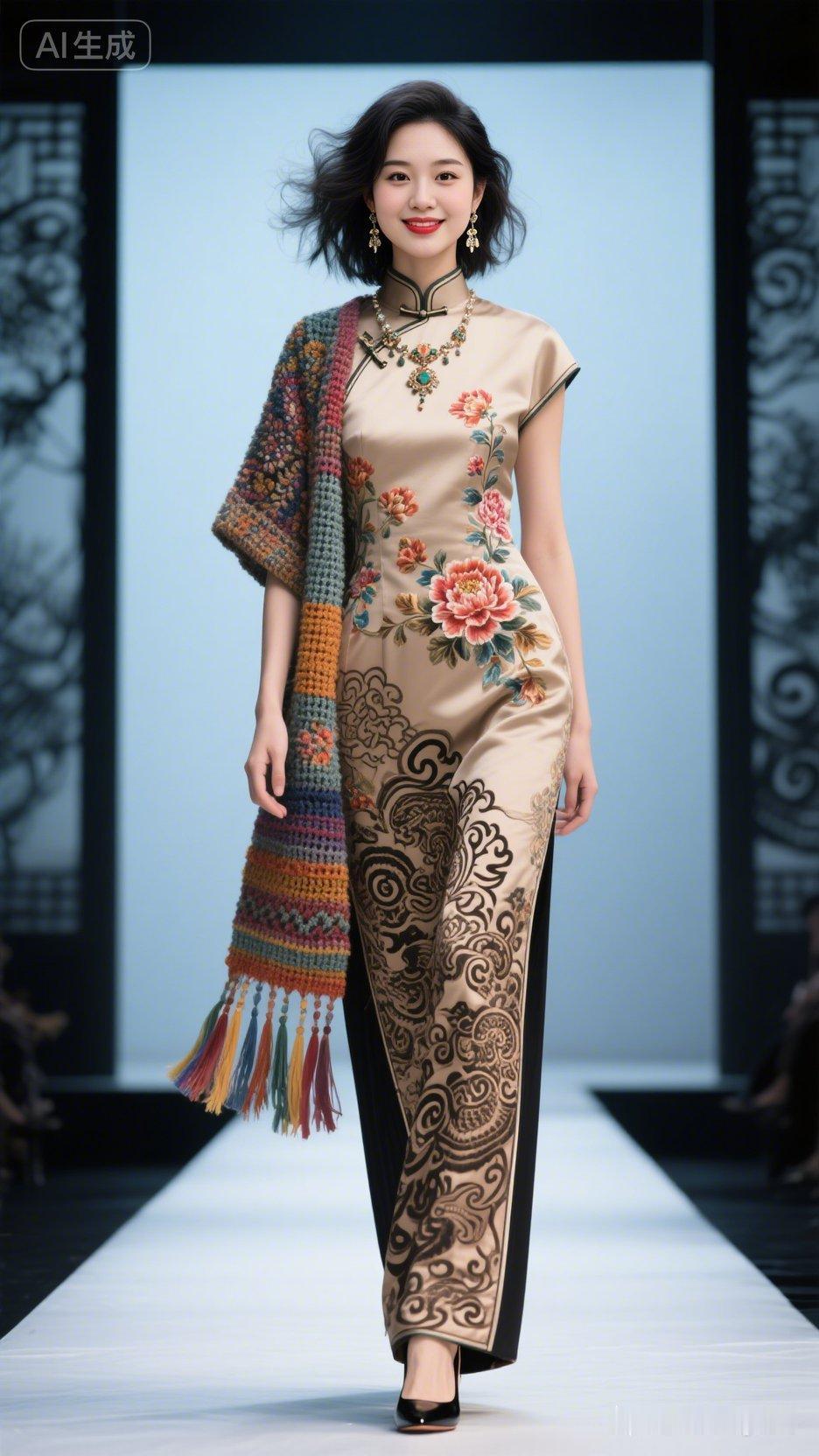 模特穿着旗袍走秀，优雅迷人。