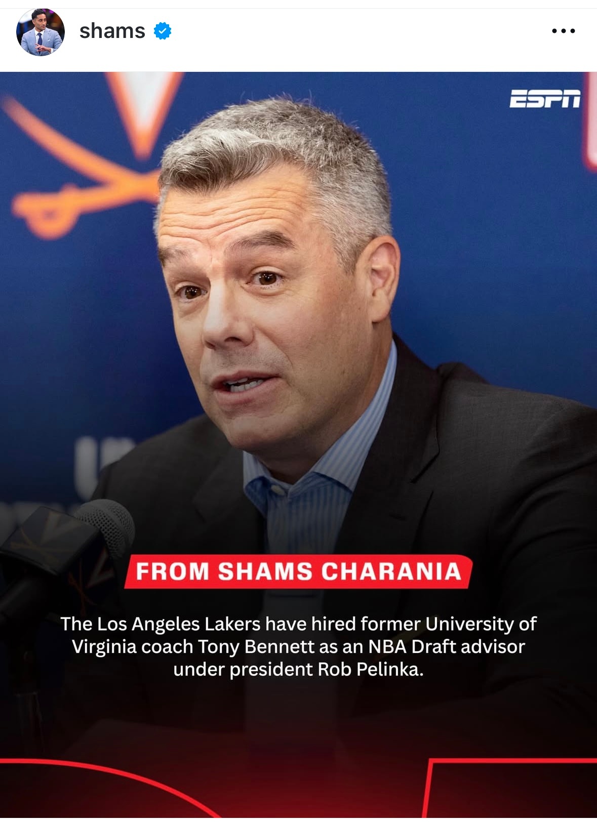 湖人已聘请前弗吉尼亚大学主教练托尼-本内特，担任佩林卡的NBA选秀顾问。56岁的