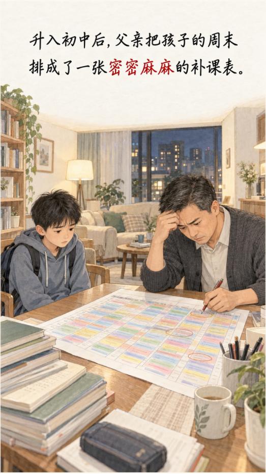 父亲强迫儿子周末补课，儿子成绩不升反降，心理老师介入疏导，父亲才意识到自己的错。
