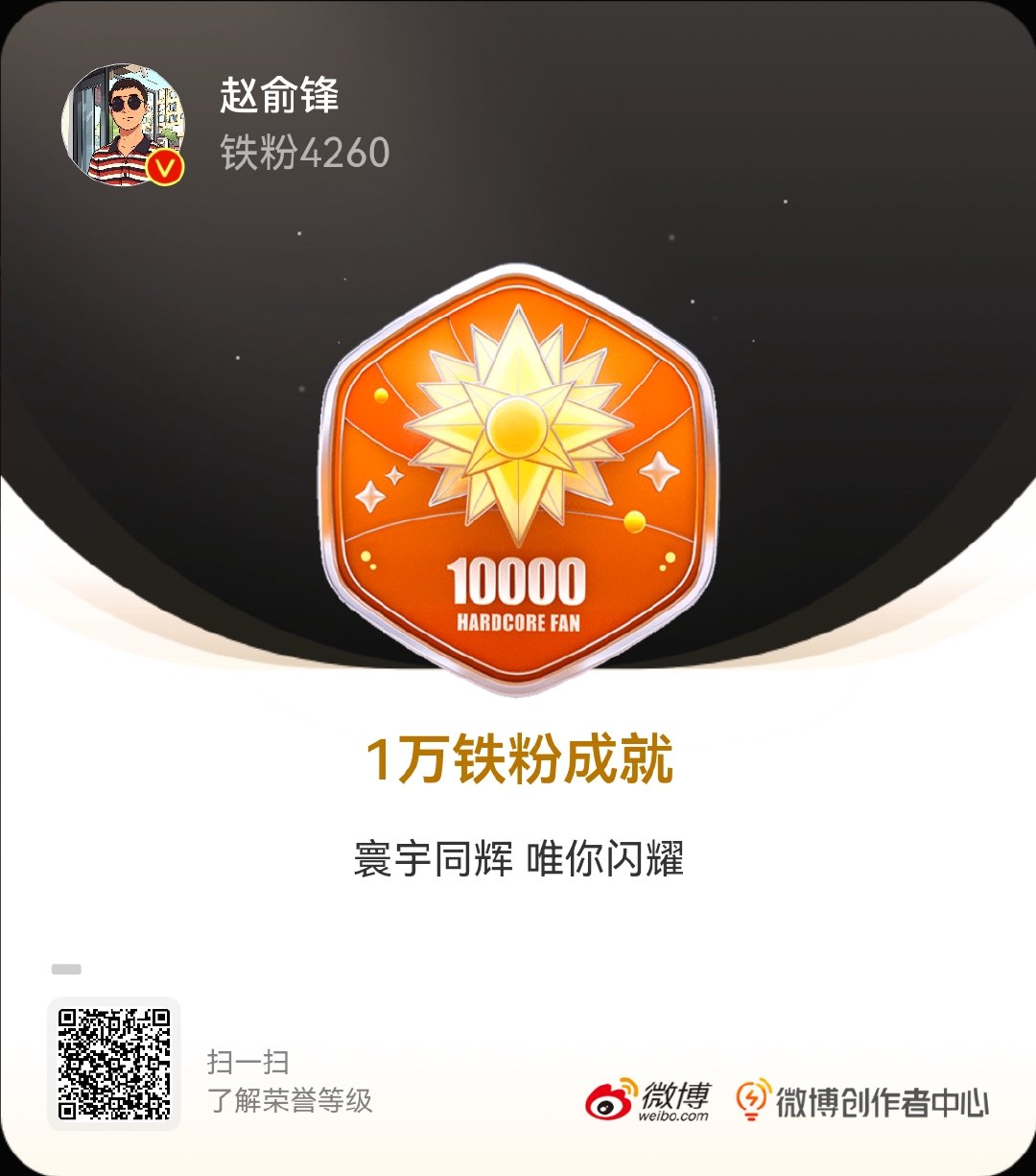 我的成长纪念 我的铁粉突破1万，获得了1万铁粉成就 专属纪念勋章。俞锋有话说 点