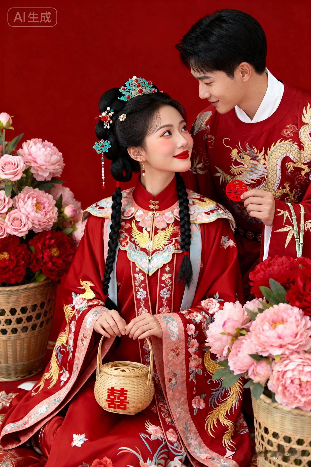 新婚喜气洋洋，红衣美人笑语盈盈！