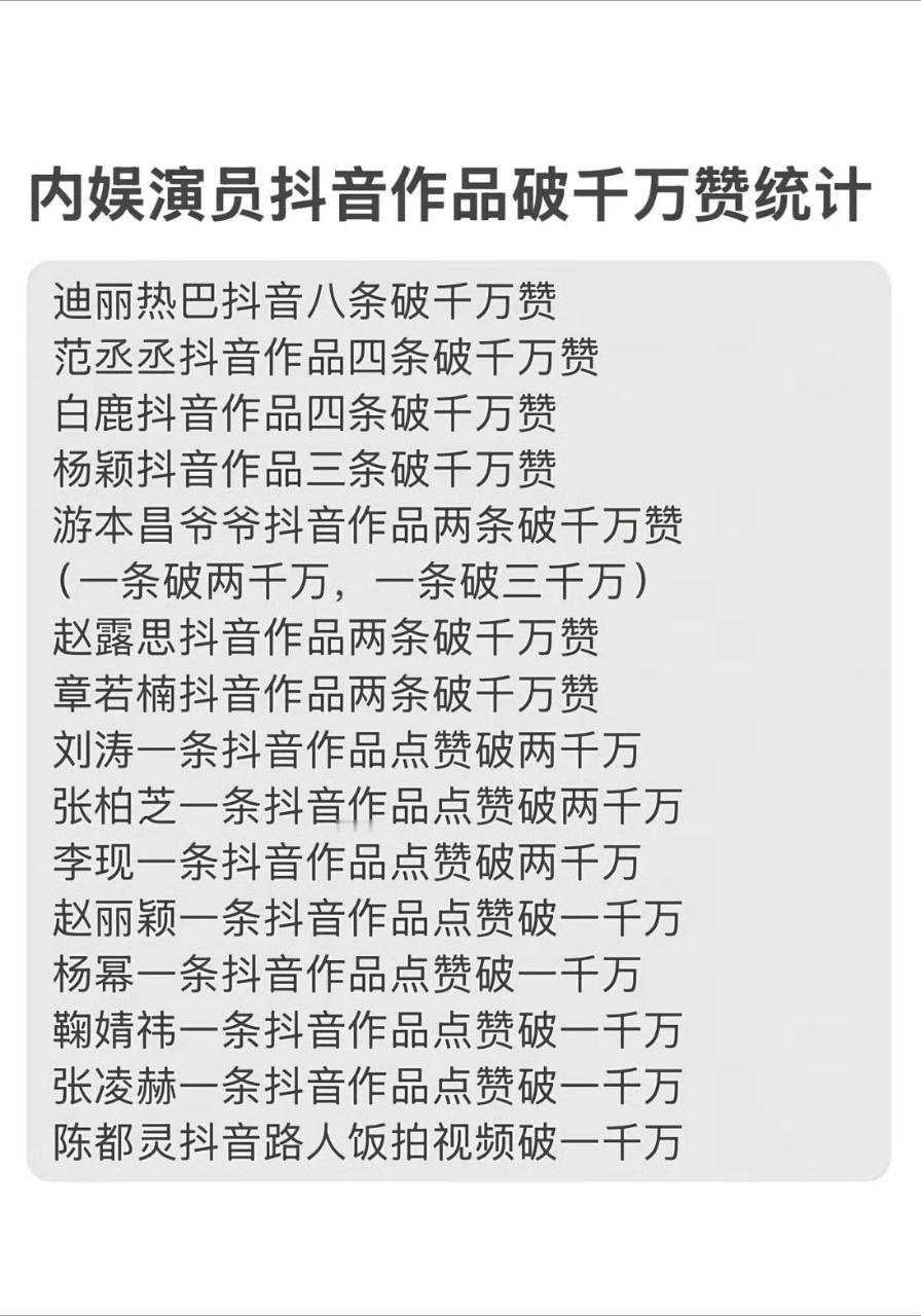 内娱抖🫘破千万赞数量明星统计 