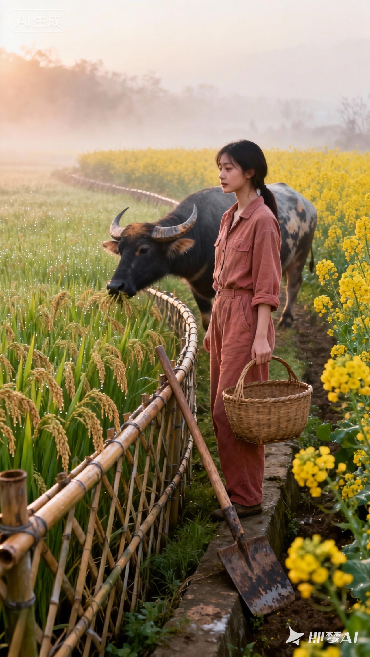 田园晨曦，少女与牛相伴，金黄花海中劳作，岁月静好。