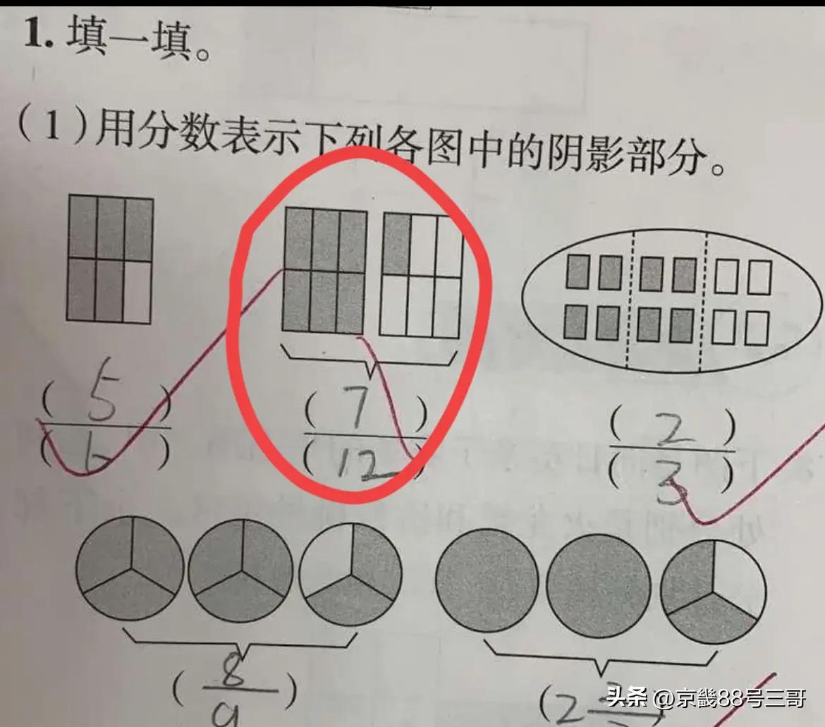 这个数学题为啥错？
不是十二分之七吗？
孩子真郁闷了
我看了半天也感觉没错
孩子