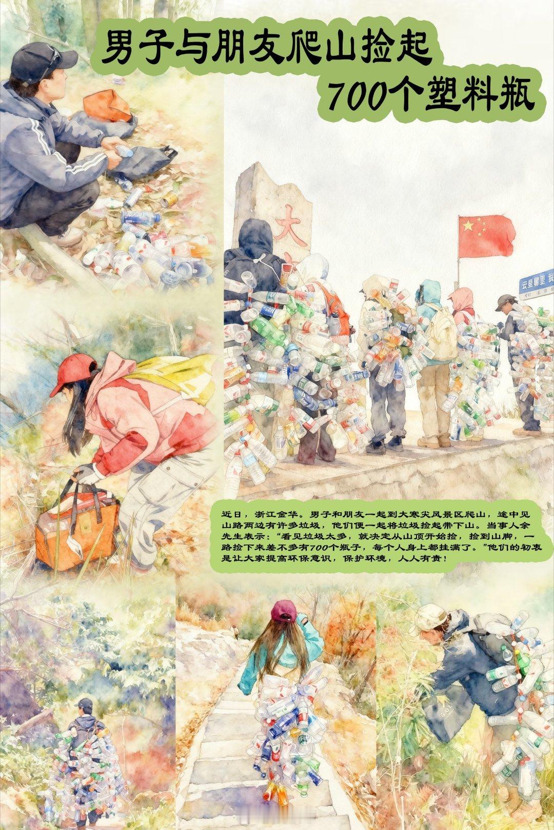 浙江驴友捡700瓶子做成战袍近日，浙江金华。7名登山爱好者化身环保卫士，自发进行