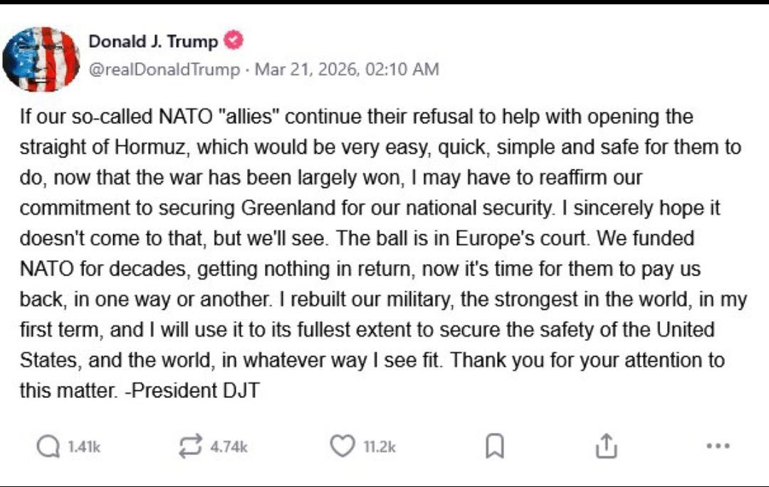 特朗普威胁称，除非北约对伊朗开战并确保霍尔木兹海峡的航行自由，否则他将武力夺取格