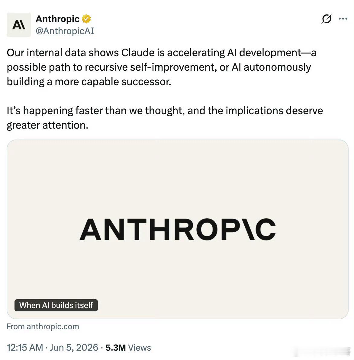 Anthropic呼吁全球暂停AI开发意思是AI开始参与自我迭代。当算法展现出“