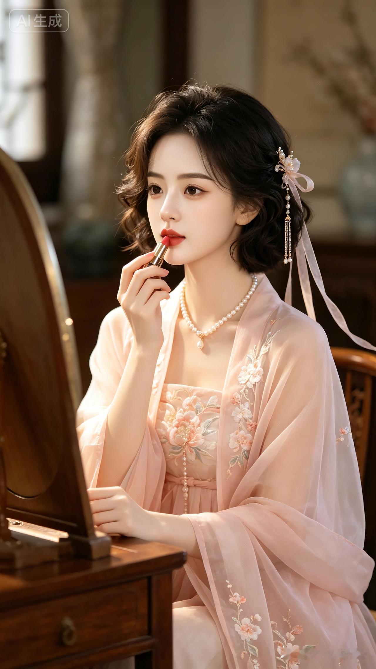 少女瓷白莹润细腻肌肤，齐耳微卷短发。淡粉绣花纱衣，珍珠项链配流苏飘带，坐梳妆镜前