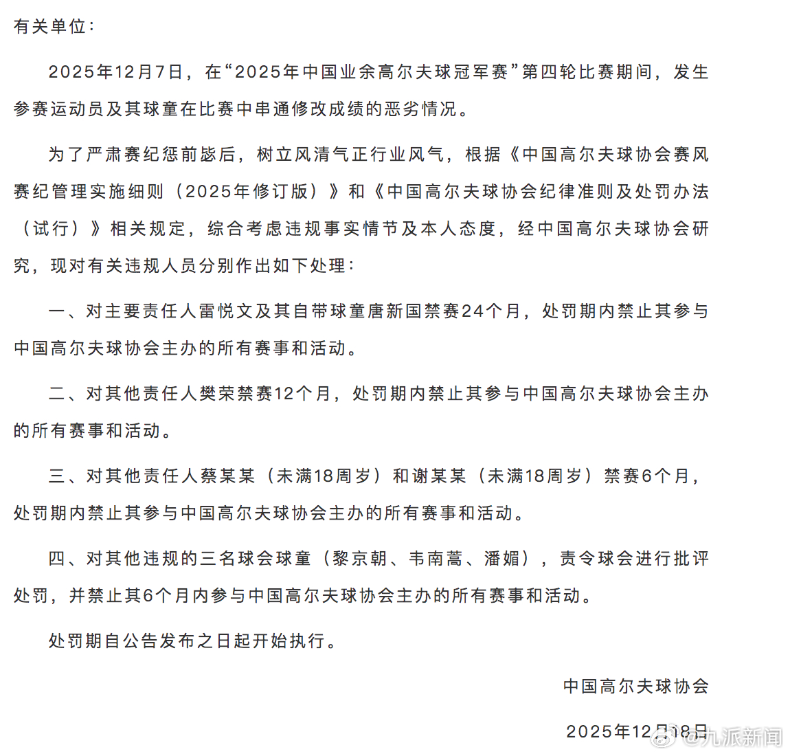 #运动员和球童串通修改成绩多人被罚#【#协会通报运动员和球童串通修改成绩#】中国