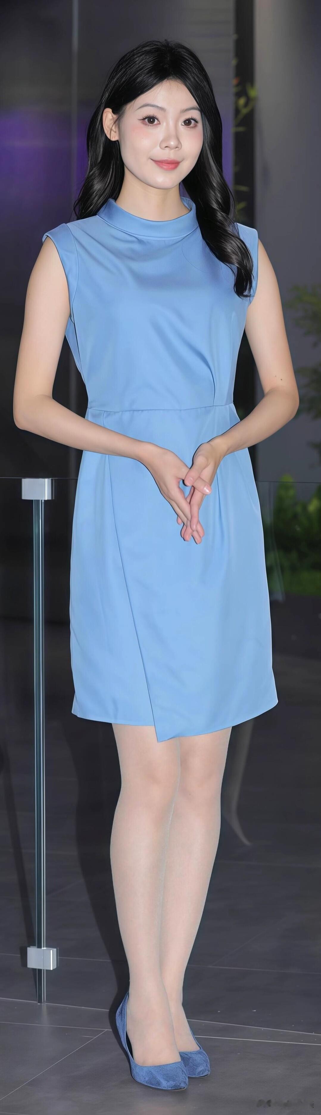 清爽浅蓝色无袖连衣裙，简约立领设计利落干练。剪裁得体尽显温婉气质，同色系高跟鞋加