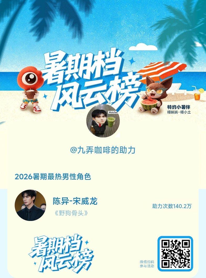 【暑期档风云榜】活动进行中，快来助力宋威龙陈异成为今夏最热！2026暑期最热男性