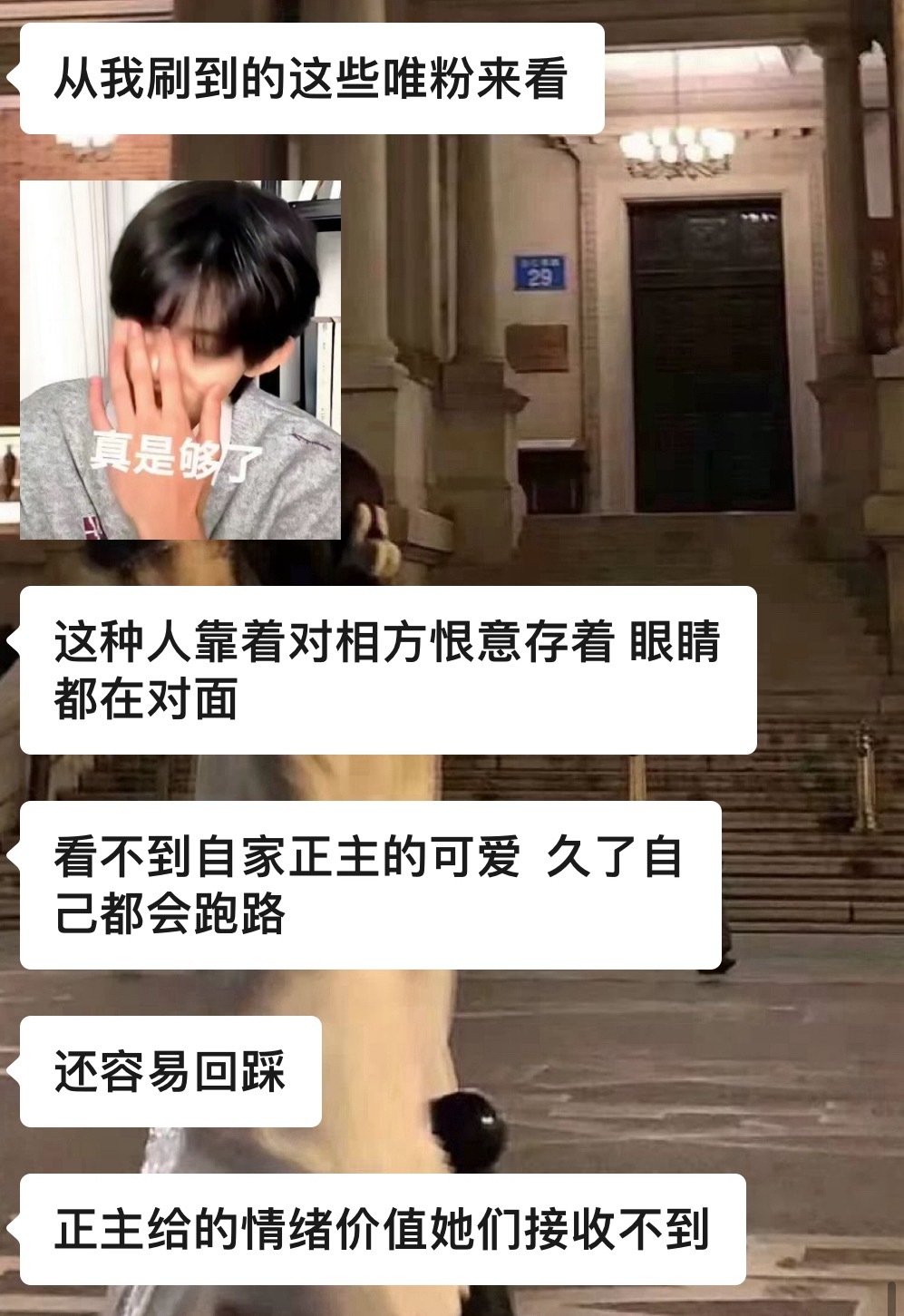 我朋友对于唯粉的解读，我觉得说的好正确啊✅，他们的眼睛始终盯着对面，不能专注于自