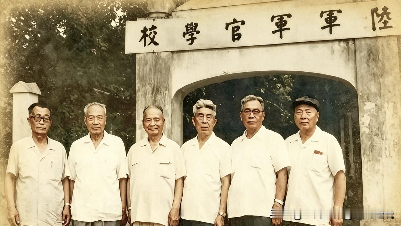 五个黄埔一期和一个二期同学重回母校

1. 左一：杜聿明（黄埔一期）
国民党时期