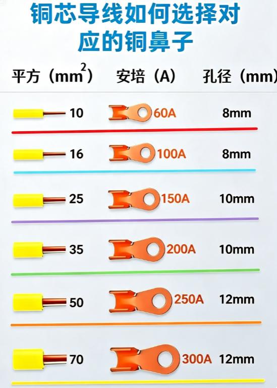 铜鼻子选型口诀🛠️ 电工必背
十平十六，八个孔；
二五三五，十个洞；
五十七十