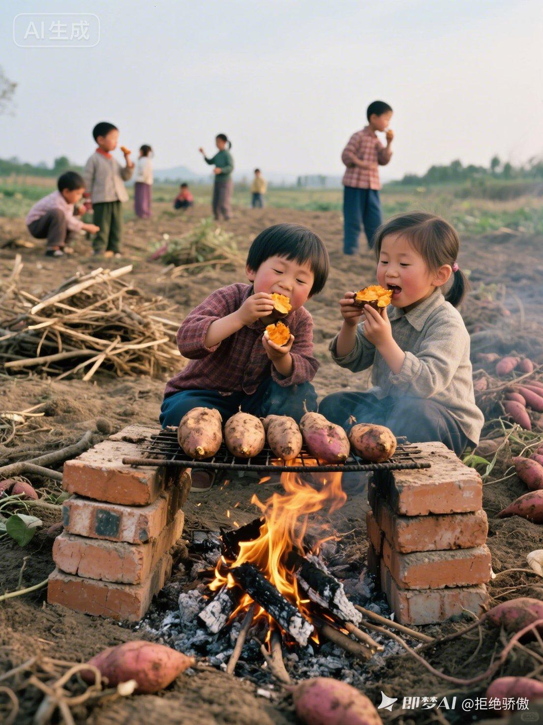 乡村田野里，孩子们围着篝火，欢快地品尝着烤红薯。