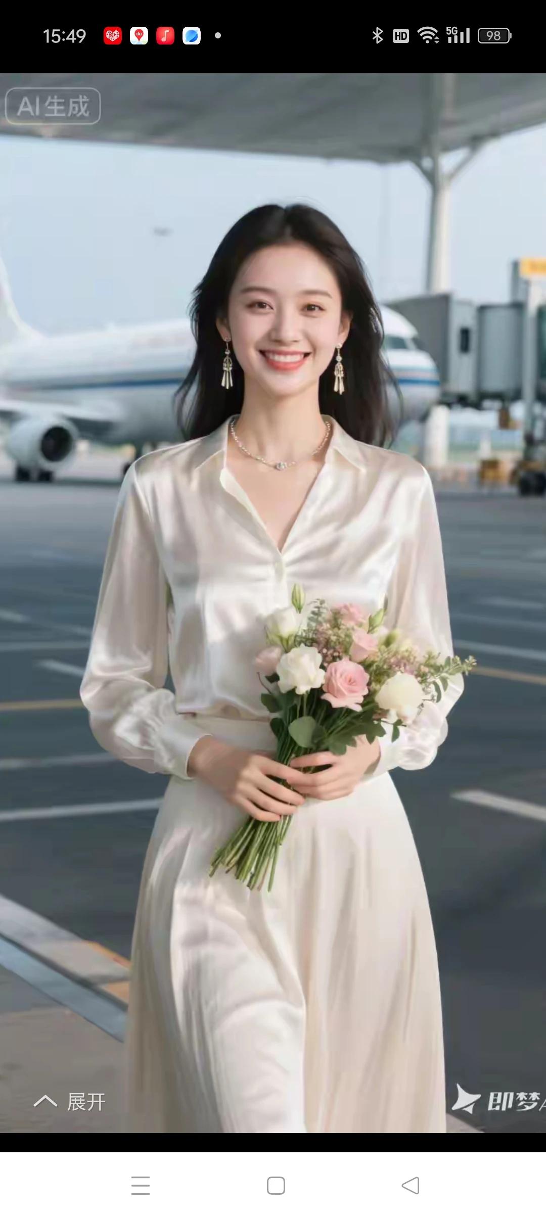中国空姐，职场清韵。
手捧花束，丝缎衬衫，
笑容明媚，气质优雅。
沉鱼落雁，闭月