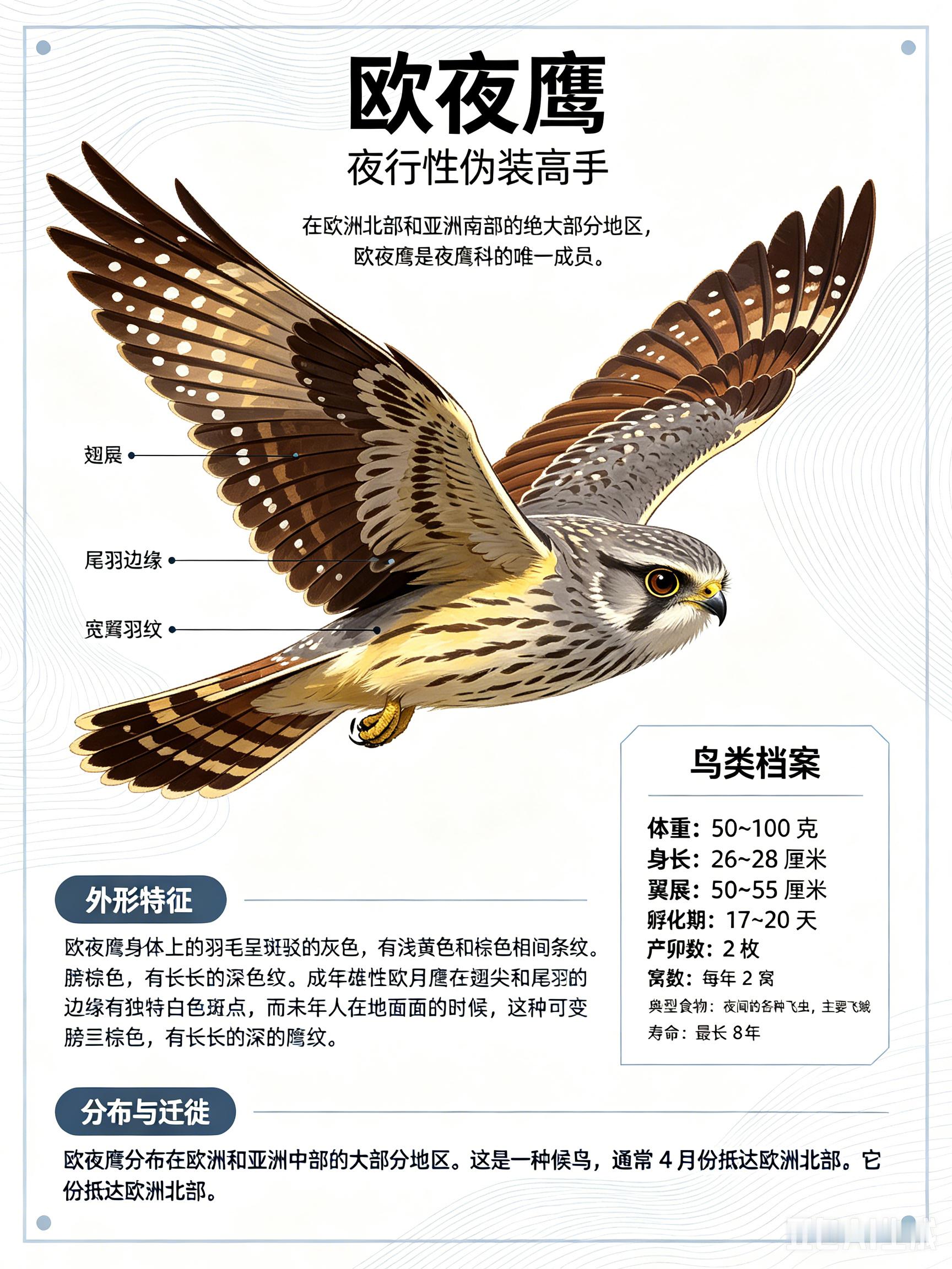 鸟类朋友图鉴 欧夜鹰在欧洲北部和亚洲南部的绝大部分地区，欧夜鹰是夜鹰科的唯一成员