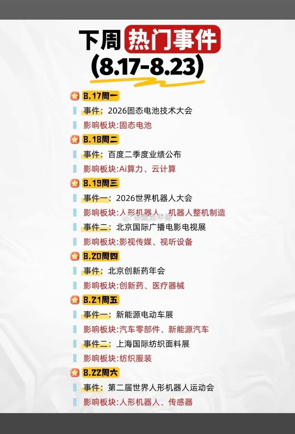 8.17～8.23下周：财经热点事件前瞻！1.固态电池2.云计算、AI算力3.人
