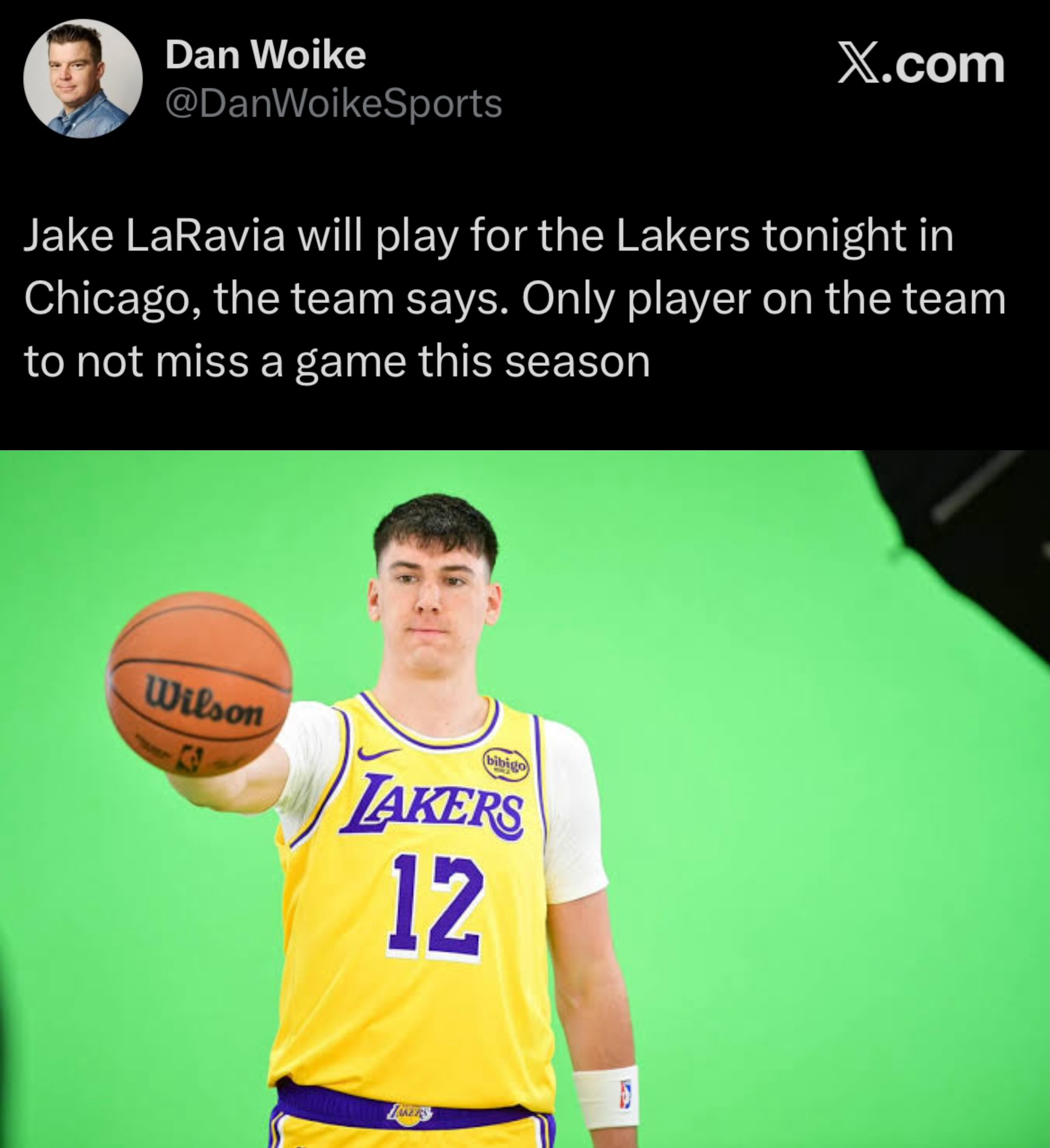 拉拉维亚出战与公牛的比赛，目前赛季唯一全勤球员。 