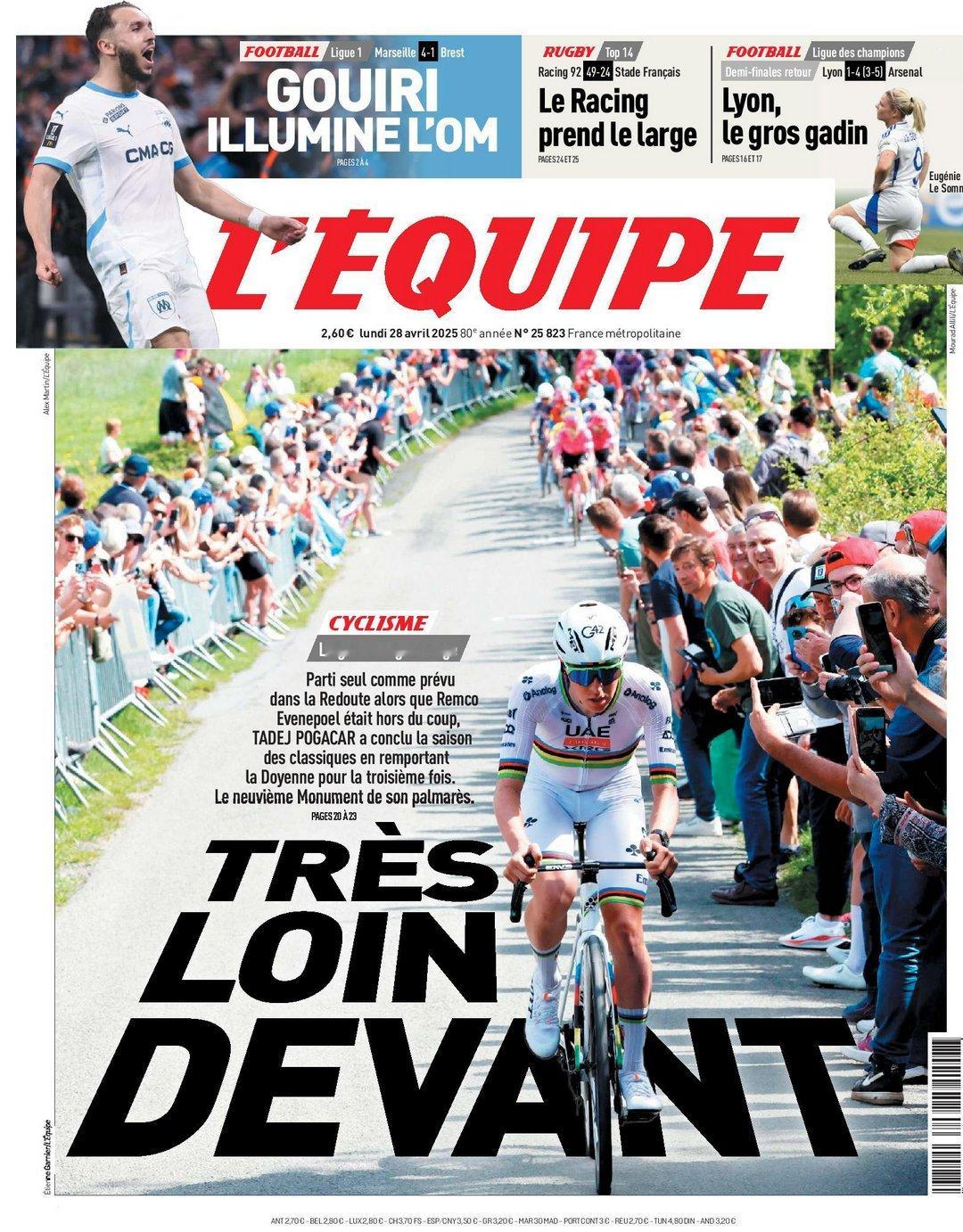 今日队报封面：遥遥领先（Très loin devant）。还吹波加查昨天的表现