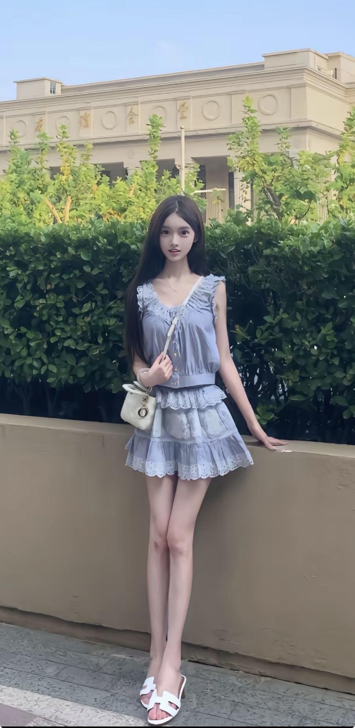 夏日清新穿搭，浅蓝色连衣裙，搭配白色手提包，享受悠闲午后时光。