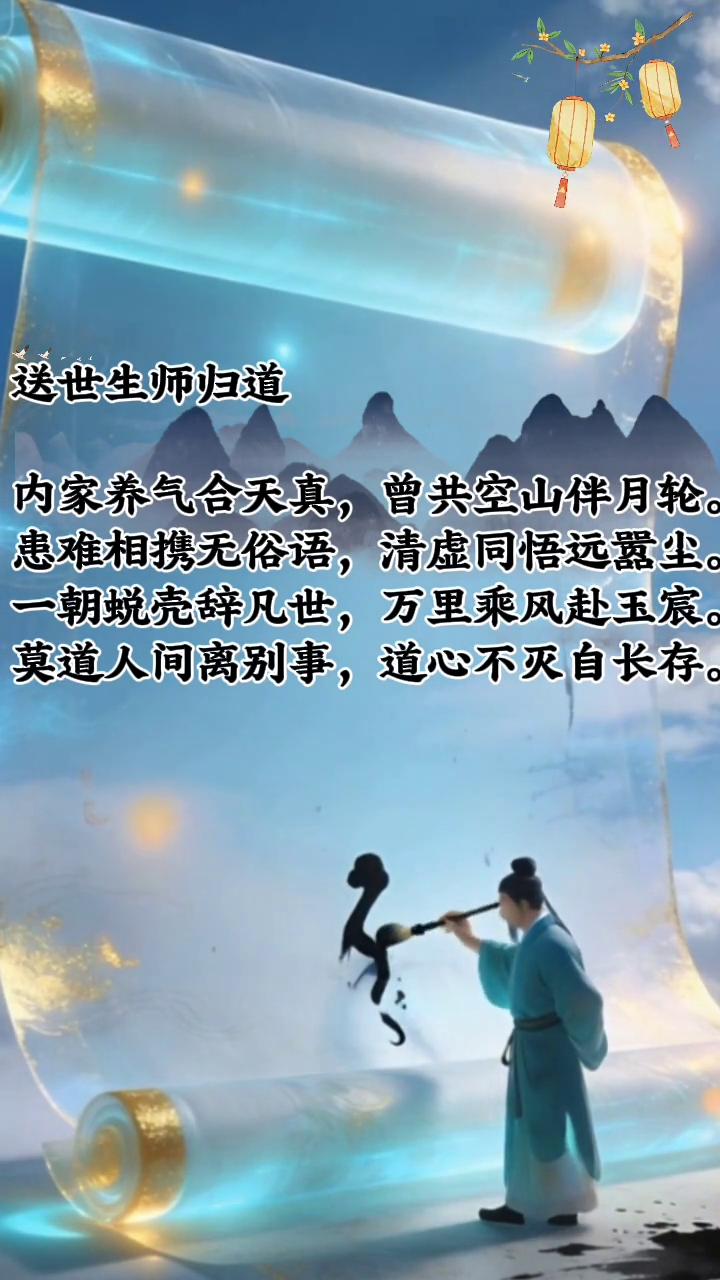 送世生师归道，内家养气合天真。曾共空山伴月轮。患难相携无俗语，清虚同悟远嚣尘。一