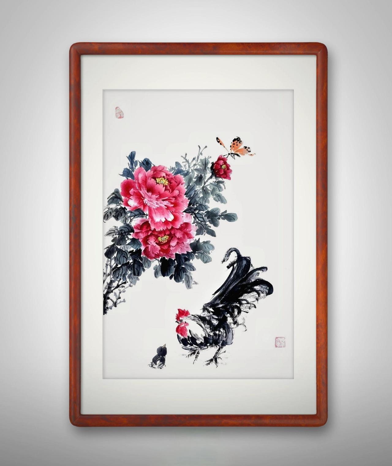 富贵花开，雄鸡护宅，蝴蝶翩跹，岁月静好。想画就画 想画就画随心所欲 欣赏 国画牡