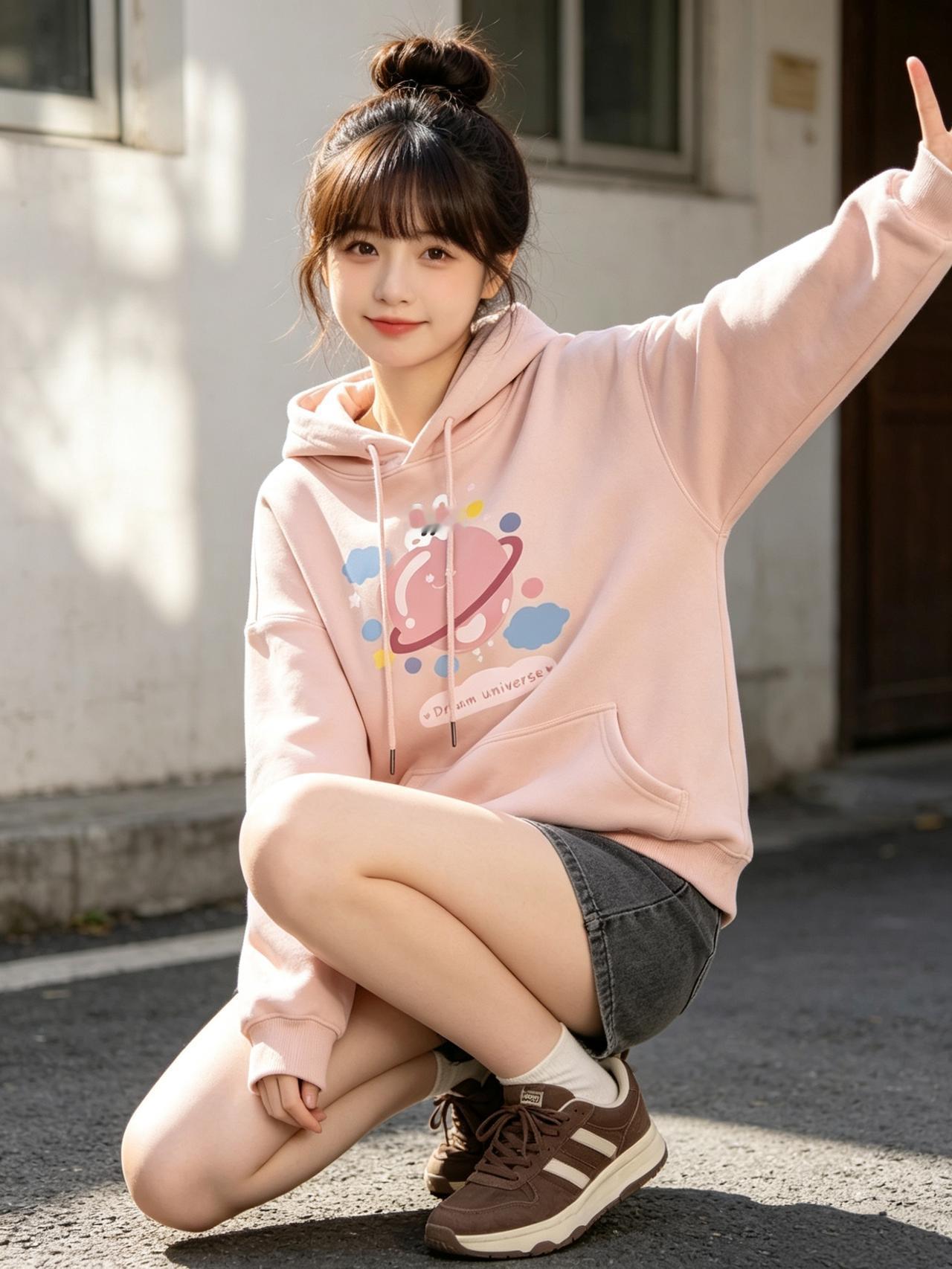 元气少女穿搭指南💖 粉嫩卫衣+牛仔短裤，元气满满的一天！🌞👟女生如何穿搭看