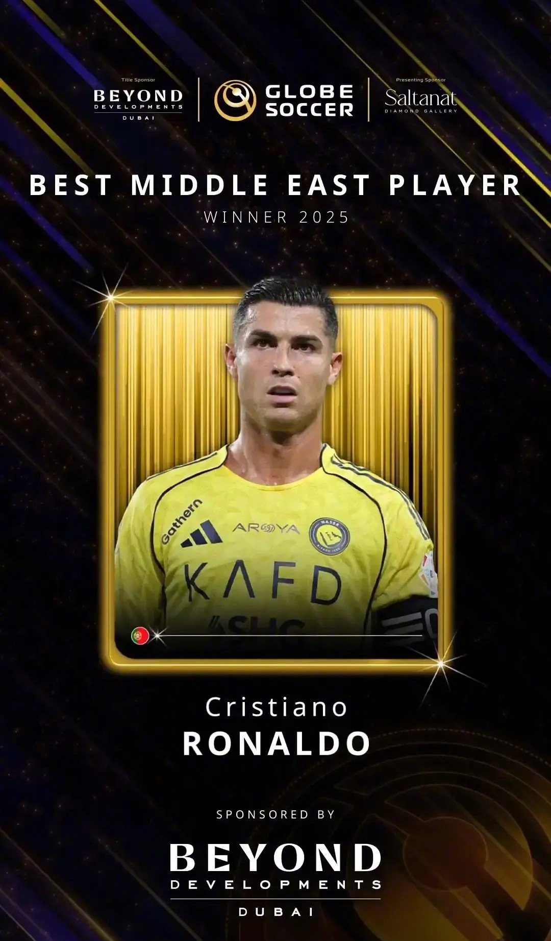 官方消息，利雅得胜利队长C罗当选环球足球奖2025年最佳中东球员；已故的葡萄牙和